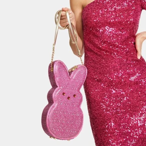 Betsey Johnson Kitsch Peeps Pink Rhinestone Bunny Rabbit Easter Crossbody Bag - Picture 11 of 16